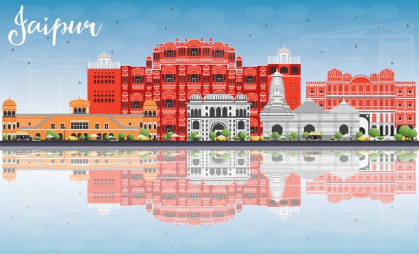 Jaipur Skyline with Color Landmarks, Blue Sky and Reflections. Vector Illustration. Business Travel and Tourism Concept with Historic Buildings. Image for Presentation Banner Placard and Web Site.